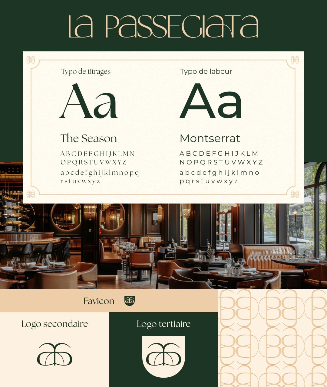 Charte graphique de La Passegiata, coloris vert profond, beige et ocre. Détails raffinés, typographie luxueuse.