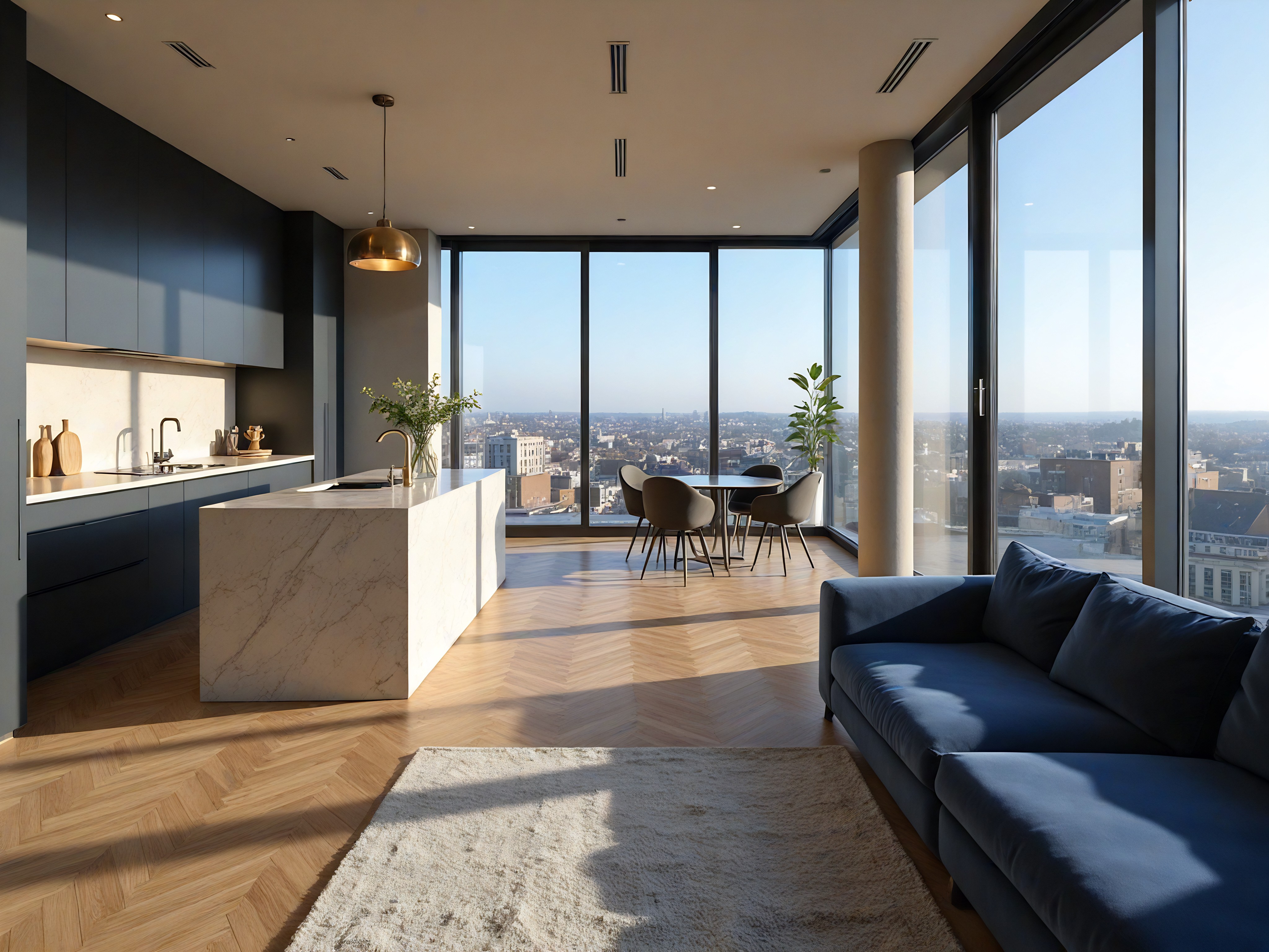 A spacious dining room with off-white marble-patterned flooring, off-white walls with light grey raised panels, and a high ceiling with two skylights and a decorative frieze. The centerpiece is a white square marble table with ten dining chairs, some of which are beige. In the center of the table is a decorative dark green-colored vase with a planted small bush. In the far corner to the left is a tall dark green potted plant. Above the limestone fireplace in the far right corner is a textured grey square artwork.