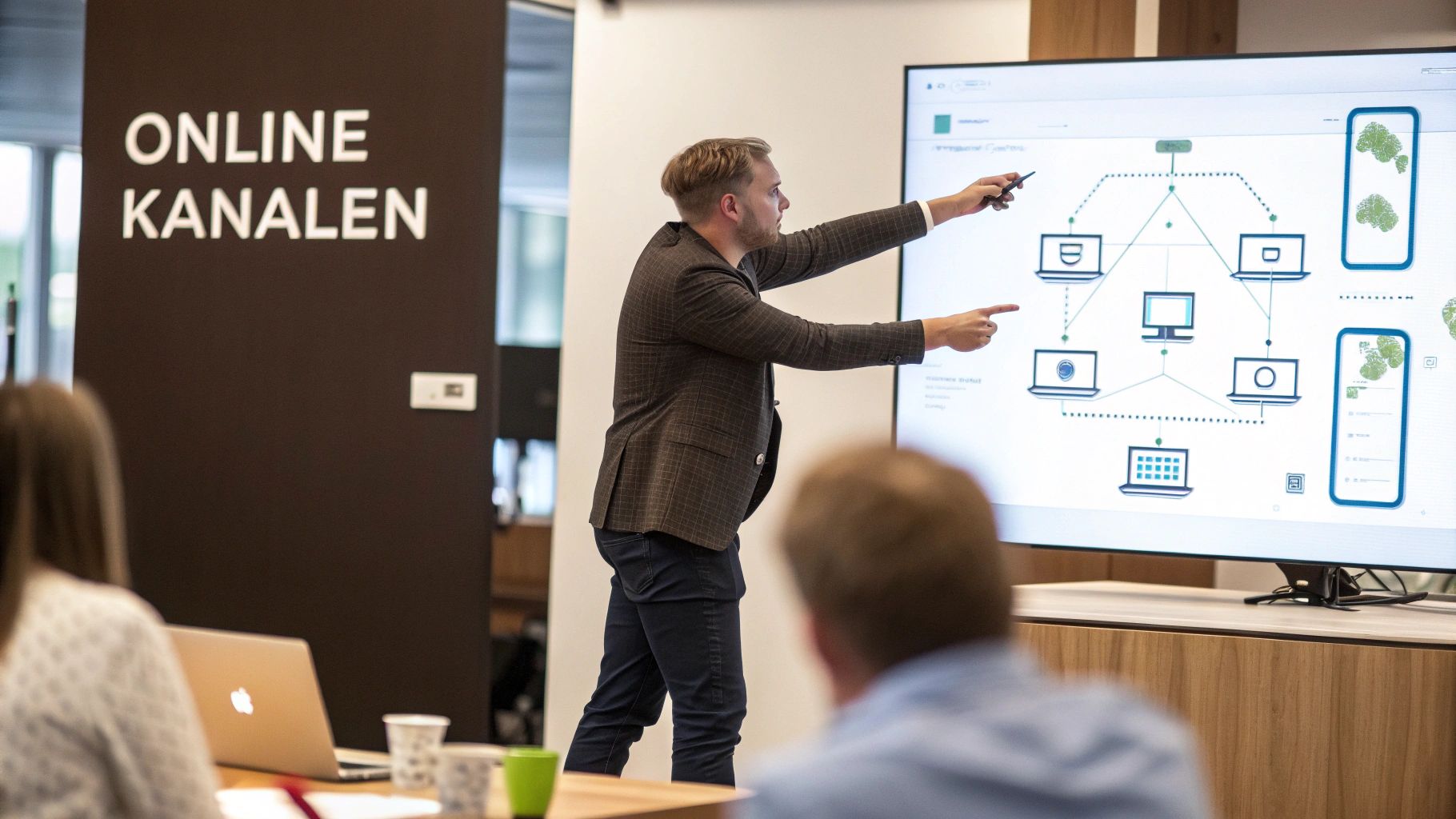 Man presenteert een digitaal strategie diagram op een groot scherm voor een publiek.