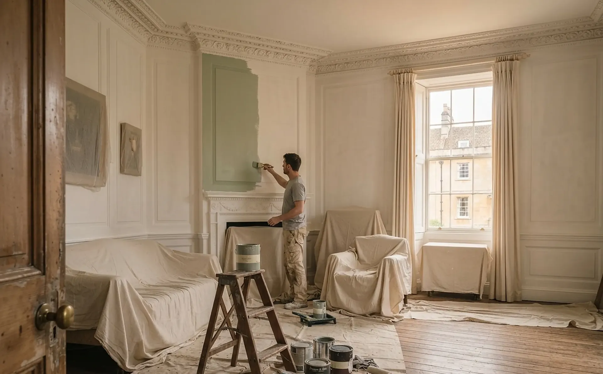 A decorator in the same panelled room painting the first patch of sage over freshly primed walls
