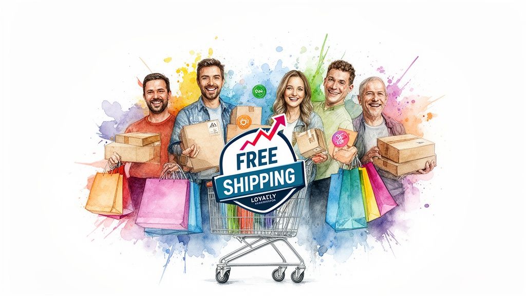 A diverse group of happy shoppers holding packages and bags with a 'Free Shipping' badge.
