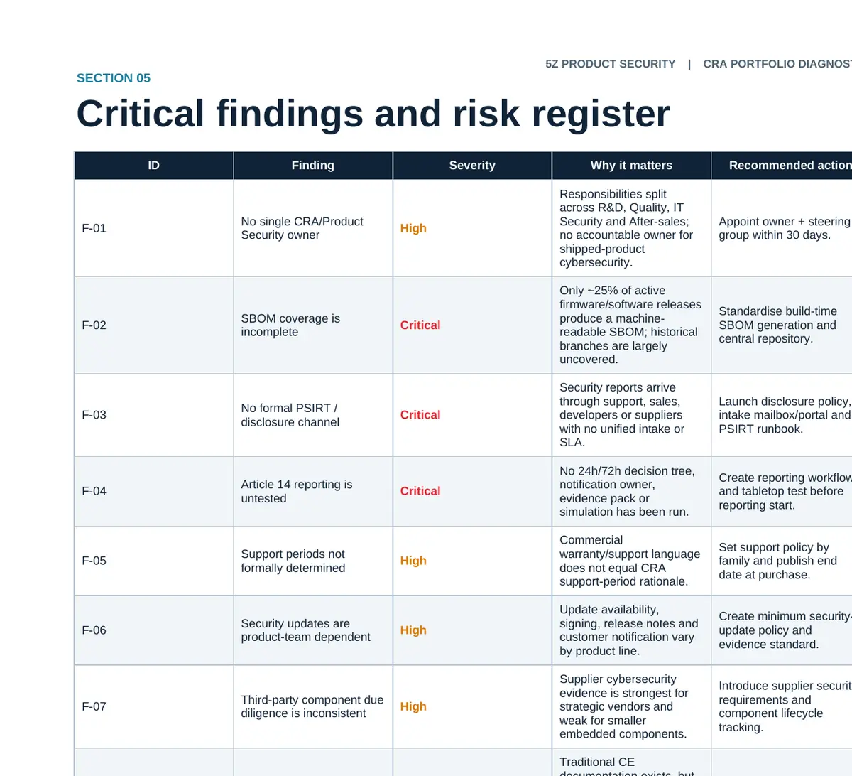 Critical-findings excerpt showing the prioritised risk register