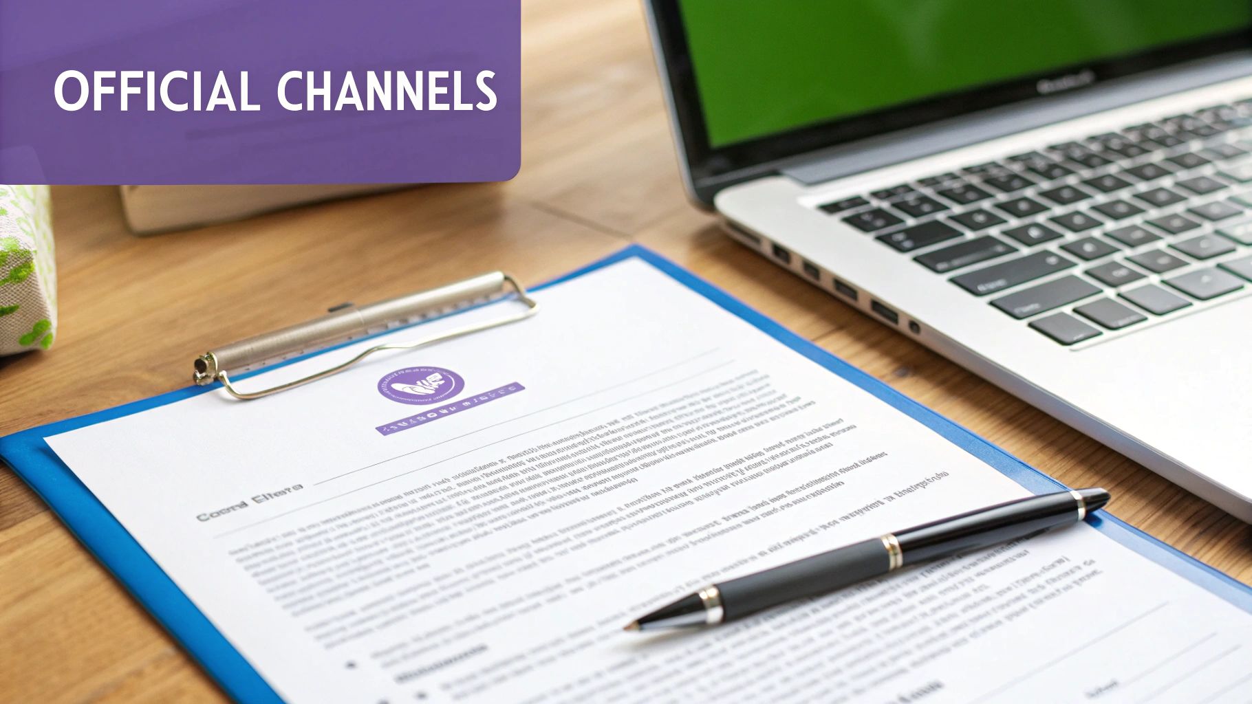 A professional desk setup featuring a laptop, a document on a blue clipboard, and a pen. Text reads 'OFFICIAL CHANNELS'.