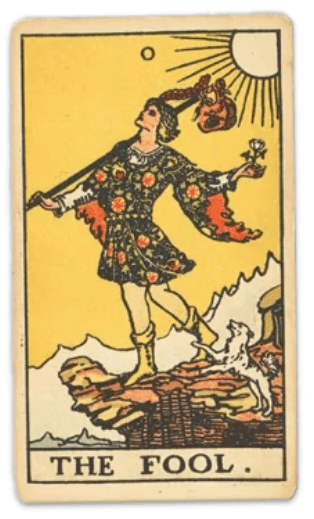 The Fool tarot card (card 0) from the Rider-Waite deck, depicting a young figure stepping off a cliff while carrying a bindle, with a small dog at their heels and a sun in the background.