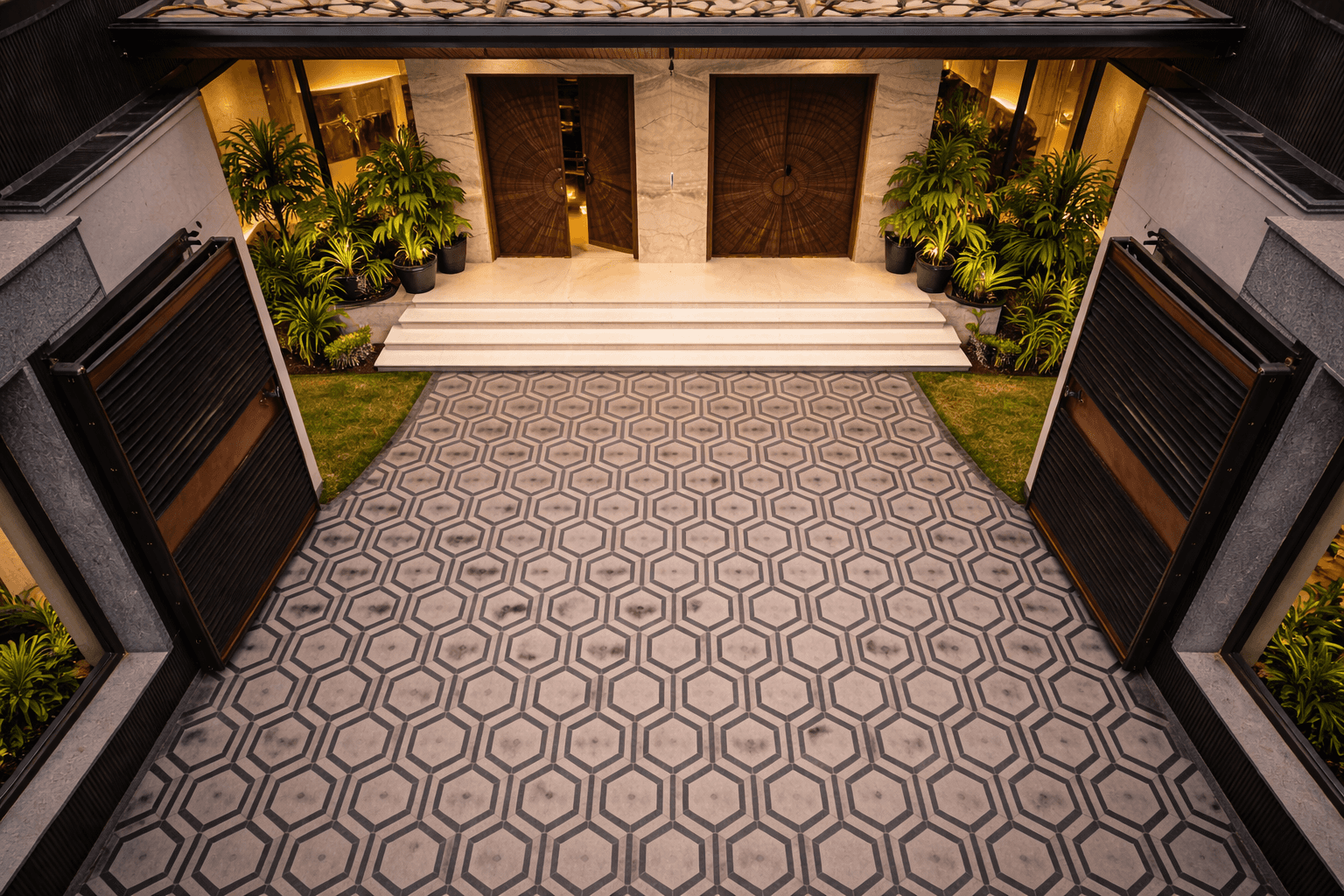 Hexa stone paving applied in architectural walkway with repeating geometric pattern layout