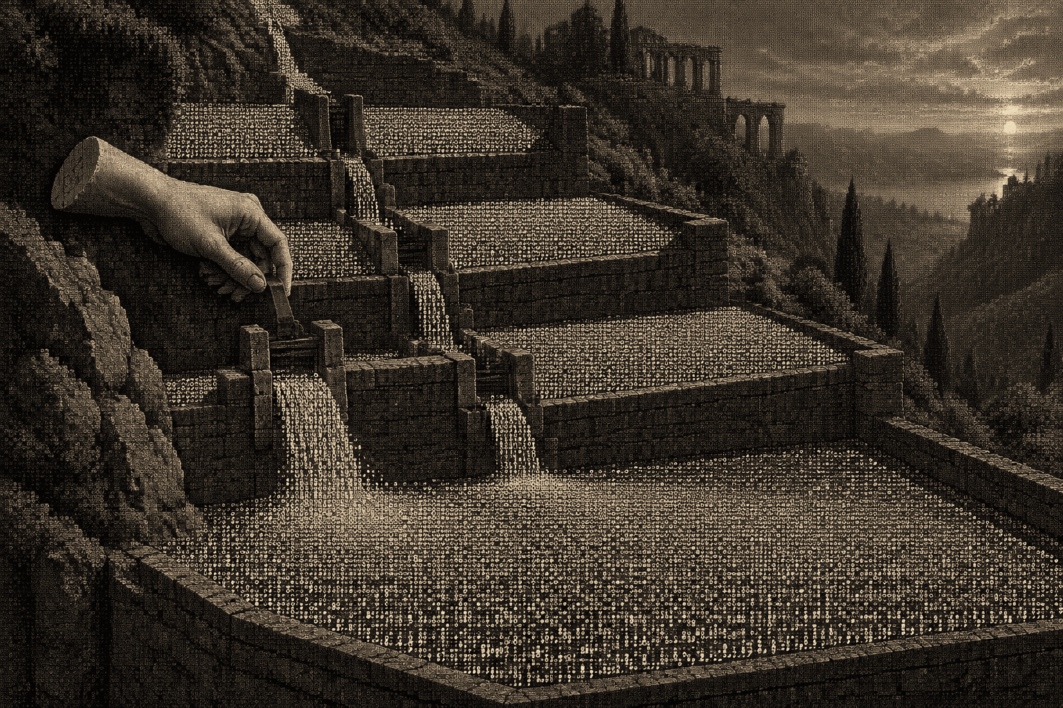 A marble hand lifting one sluice gate to send water to the lowest terrace of a stepped hillside