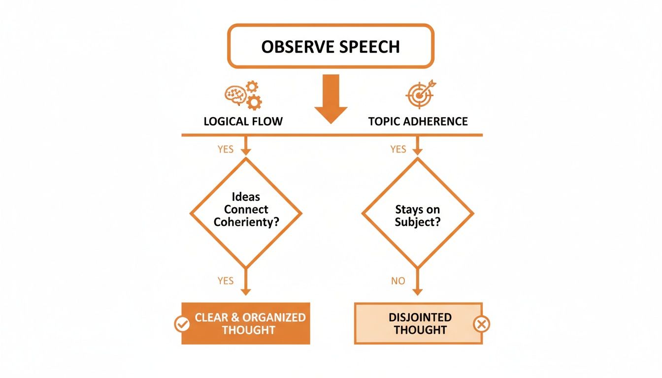 Flowchart illustrating speech observation to assess logical flow and topic adherence for thought organization.