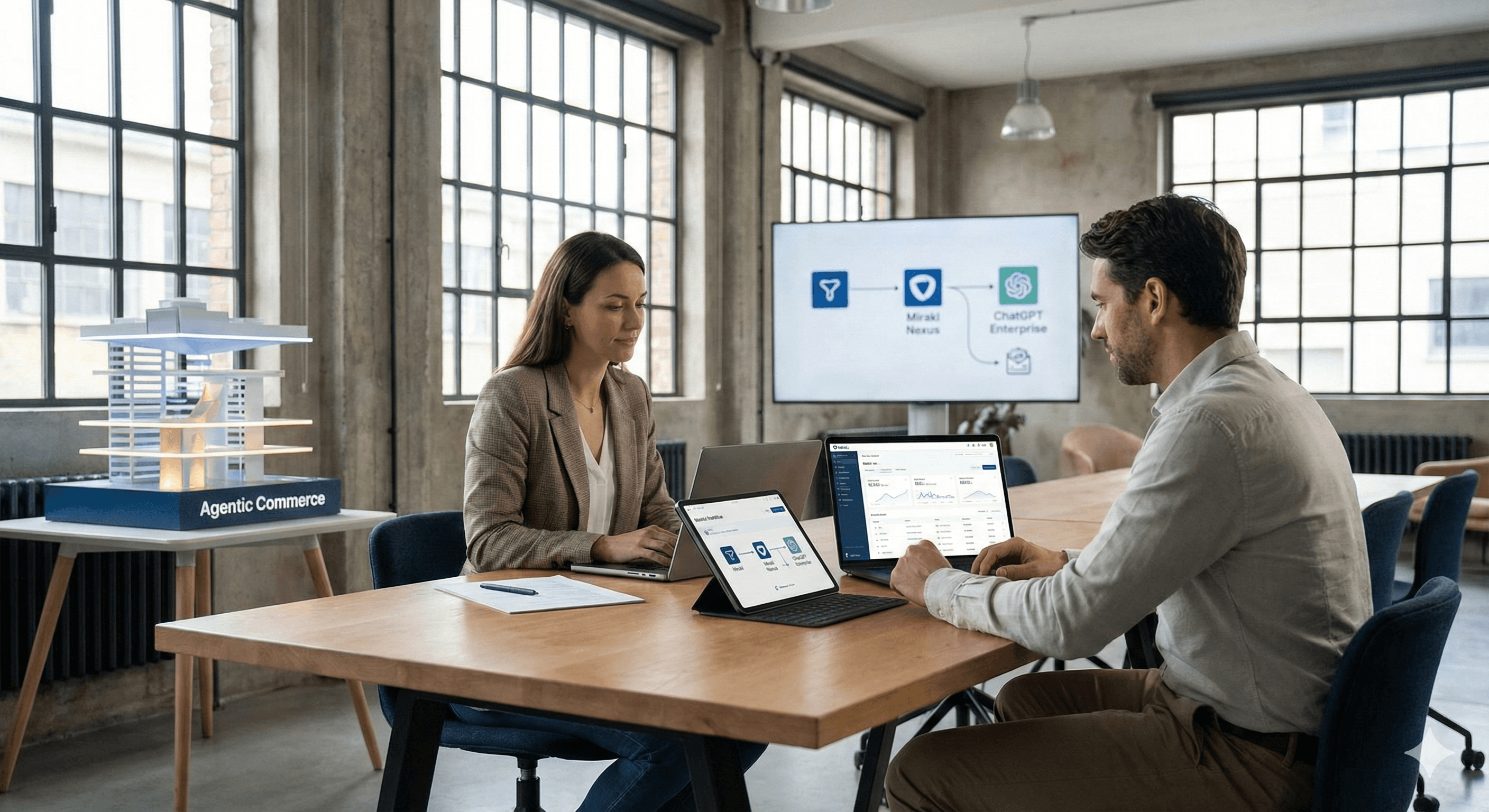 Two individuals work at a modern conference room table with laptops, discussing a digital presentation titled "Mirakl’s AI Agents Transform Commerce" displayed on a large screen, with branded decor and diagrams enhancing the setting.