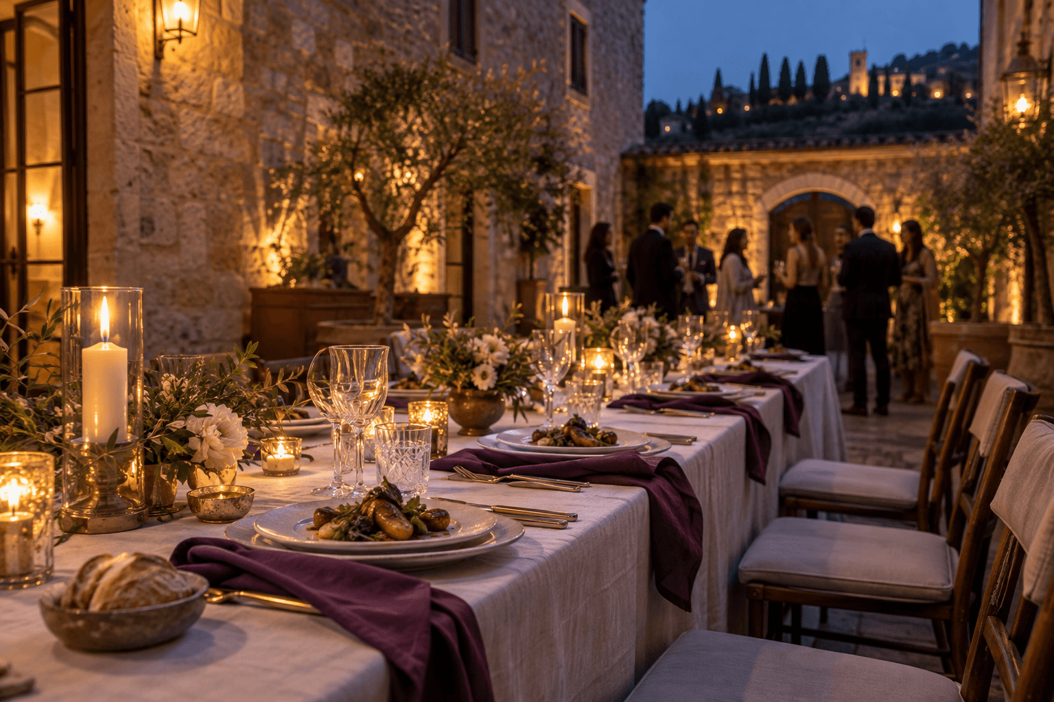 Private dinner in a candlelit courtyard at blue hour