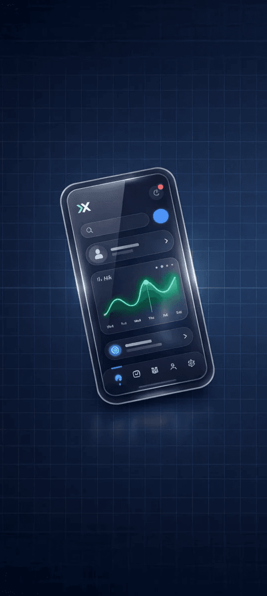 Cinematic abstract animation featuring deep blue digital grids and glassmorphic UI elements, symbolizing complex data architecture and strategic clarity for Nudgix B2B SaaS Product Design Studio