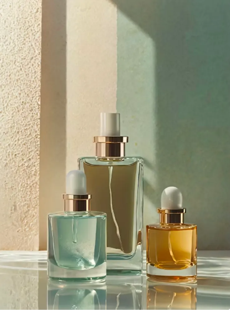 3 frascos de perfumes delante de una pared