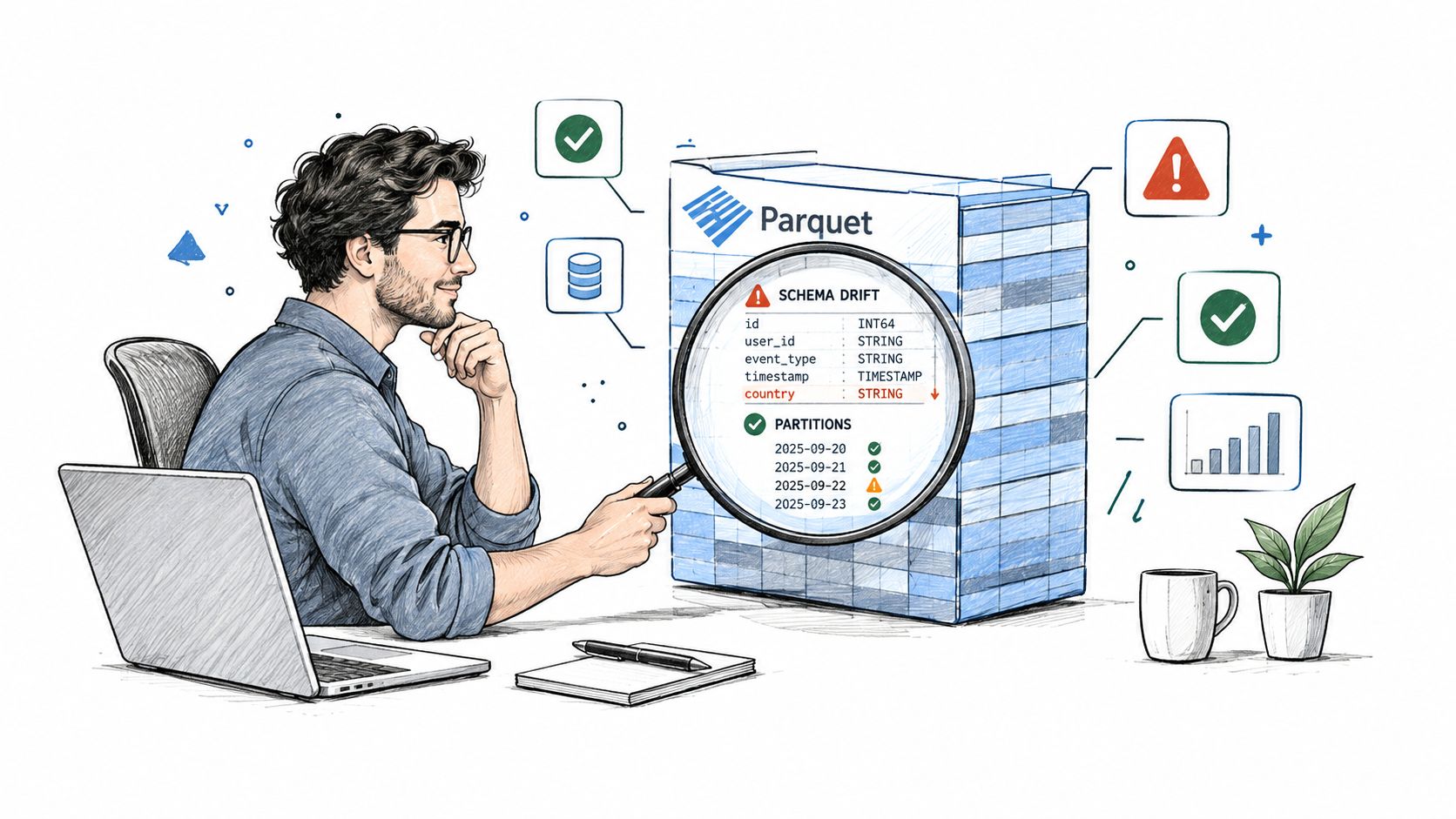 A professional analyzing data schema drift in a Parquet file using a magnifying glass at a desk.