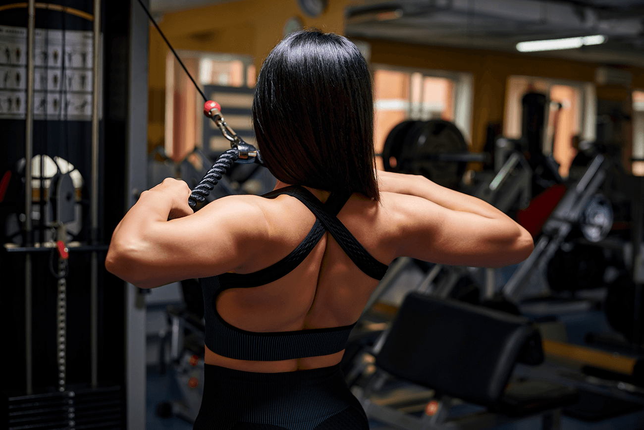 Woman performing a cable row exercise in a gym, showing her back muscles.