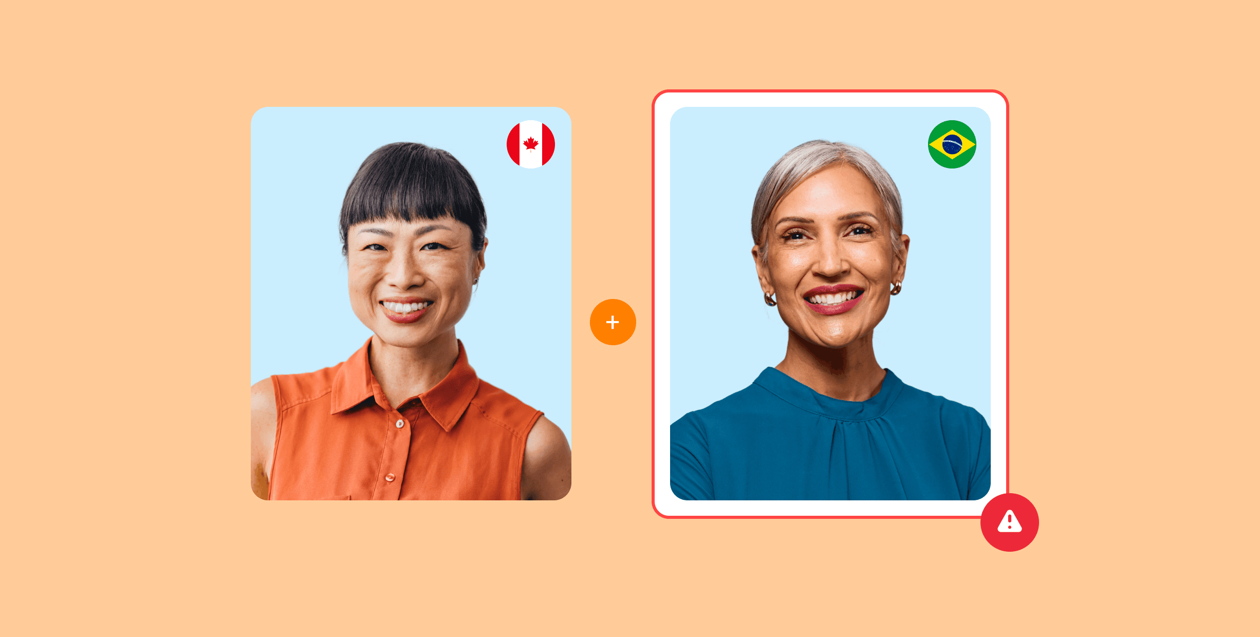 Headshots of two women, one with a Canadian flag and one with a Brazilian flag with a plus sign in between them and a red alert icon