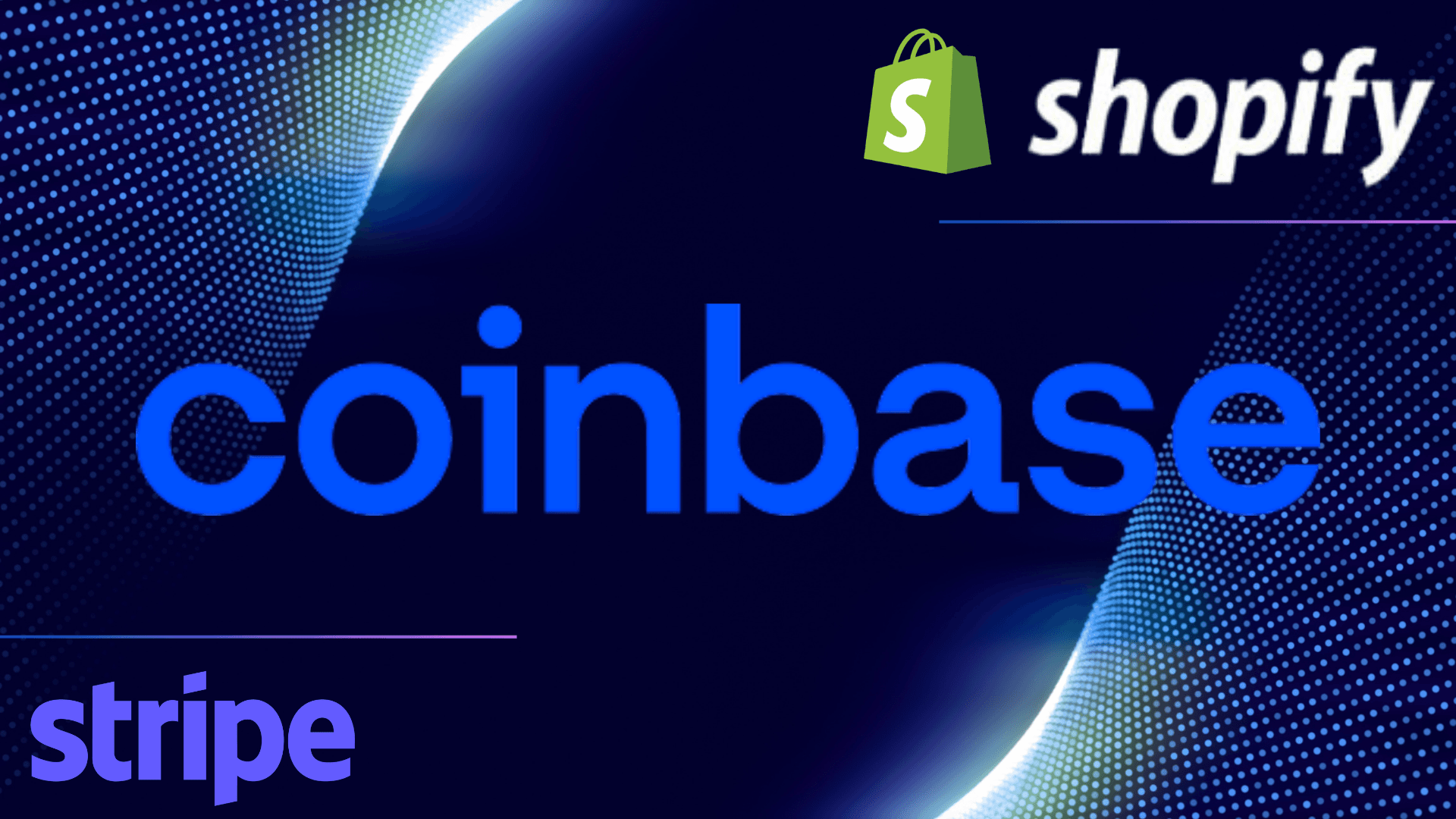 Logos von Coinbase, Shopify und Stripe auf dunklem Grund, die drei Partner hinter Shopifys USDC-Stablecoin-Zahlungen.