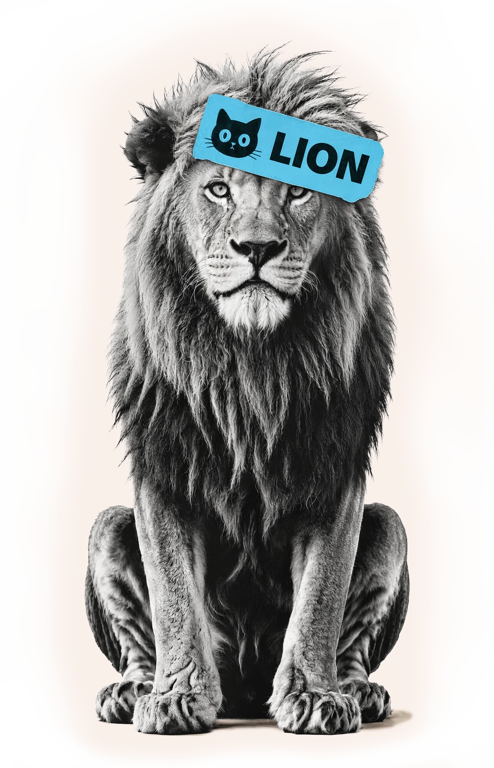 Black and white photo of a lion with a blue 'LION' label stuck to its forehead