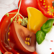 Realistic drawing of a tomato salad bowl. Realistic drawing of food. Realistic salad bowls. Digital drawing or painting of a realistic food. Bright realistic tomato salad bowl.