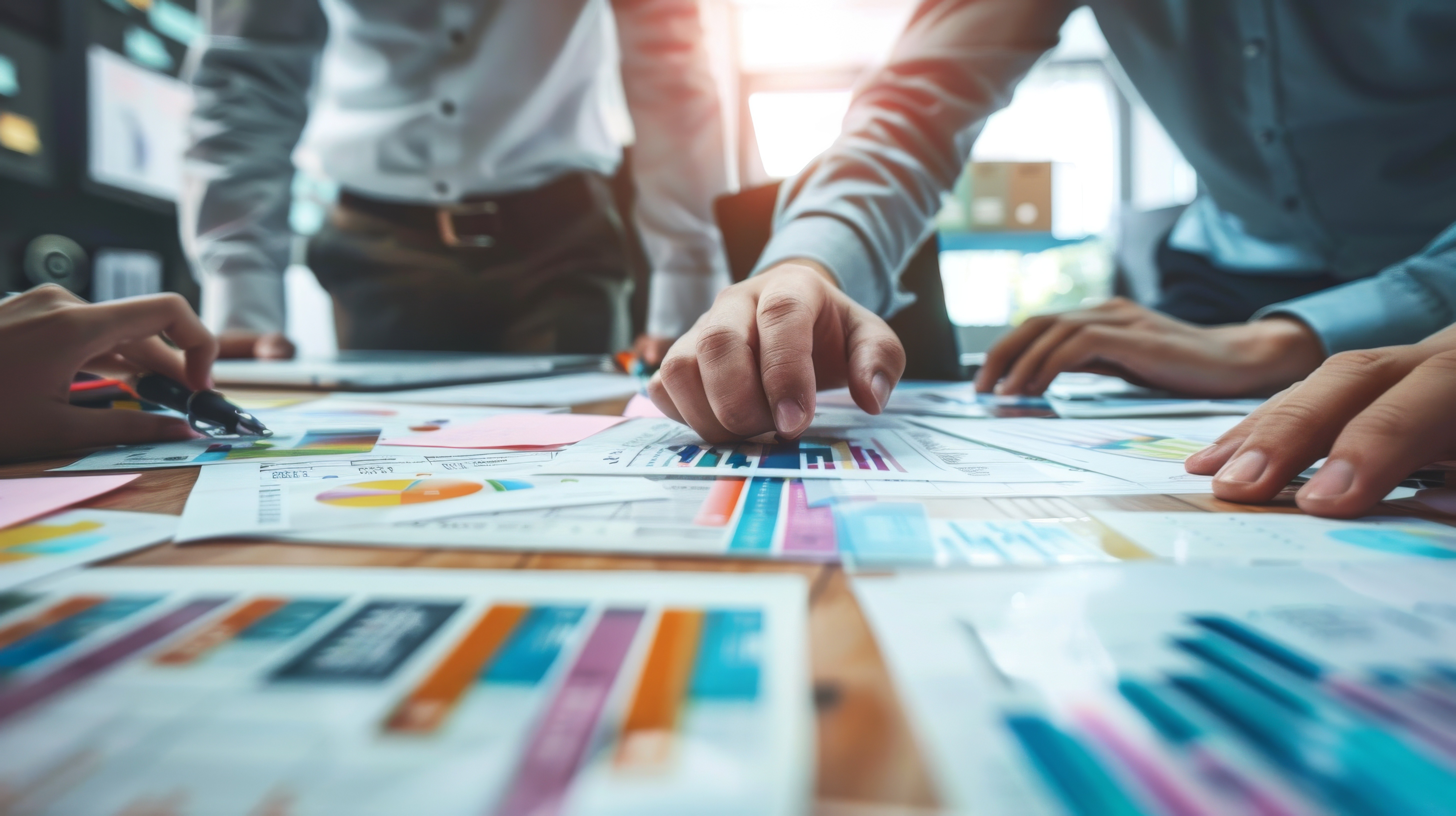 A detailed view of a business meeting with hands pointing and analyzing charts, graphs, and documents.