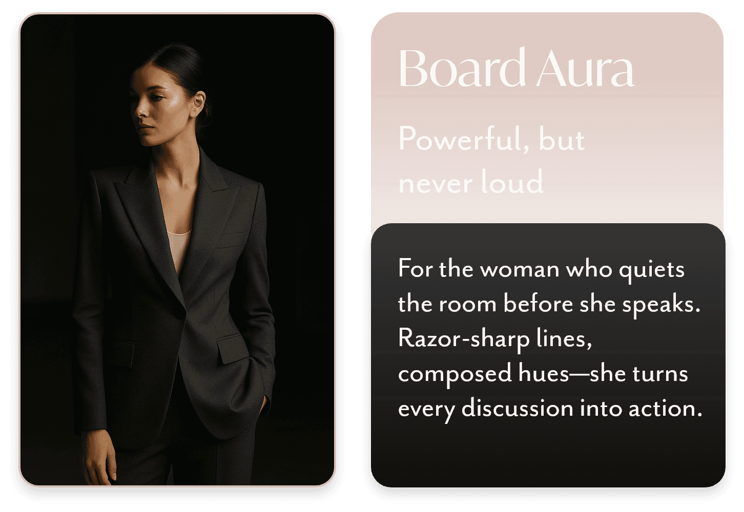 Board Aura story card describing powerful professional aesthetic