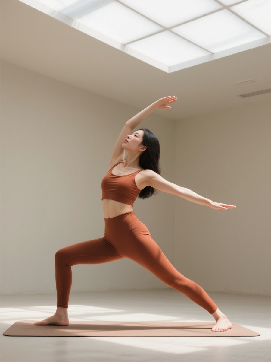 a woman in orange wear doing yoga at a yoga studio