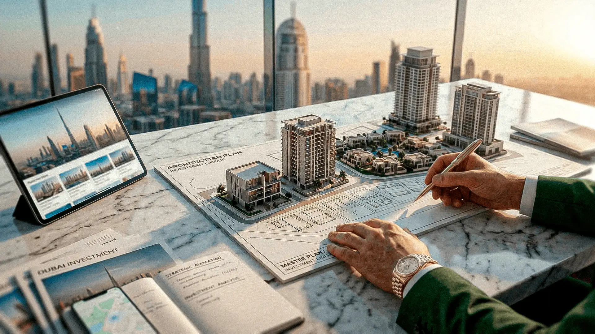 Planificación de inversión inmobiliaria mediante master plan urbano con maquetas arquitectónicas y análisis digital de mercado.