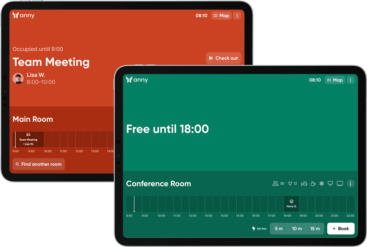 The anny Display App shows whether a room is available or occupied.