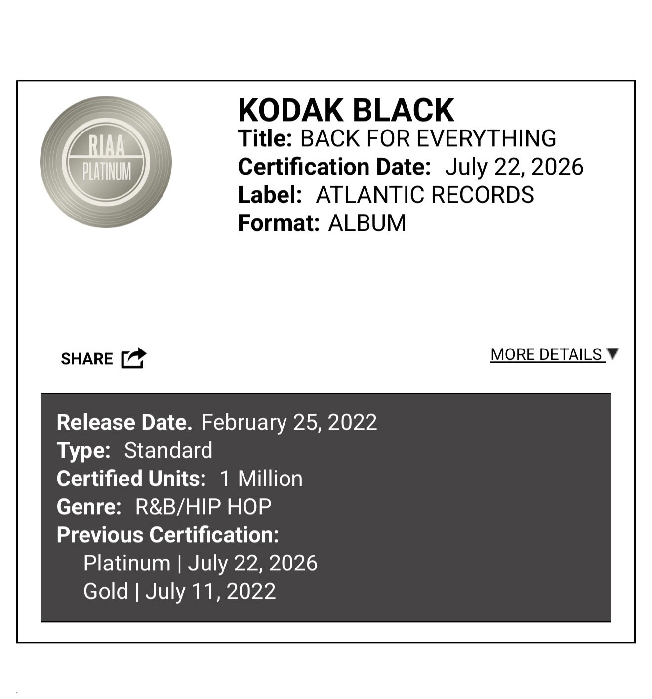 Dzy RIAA platinum certification with Kodak Black