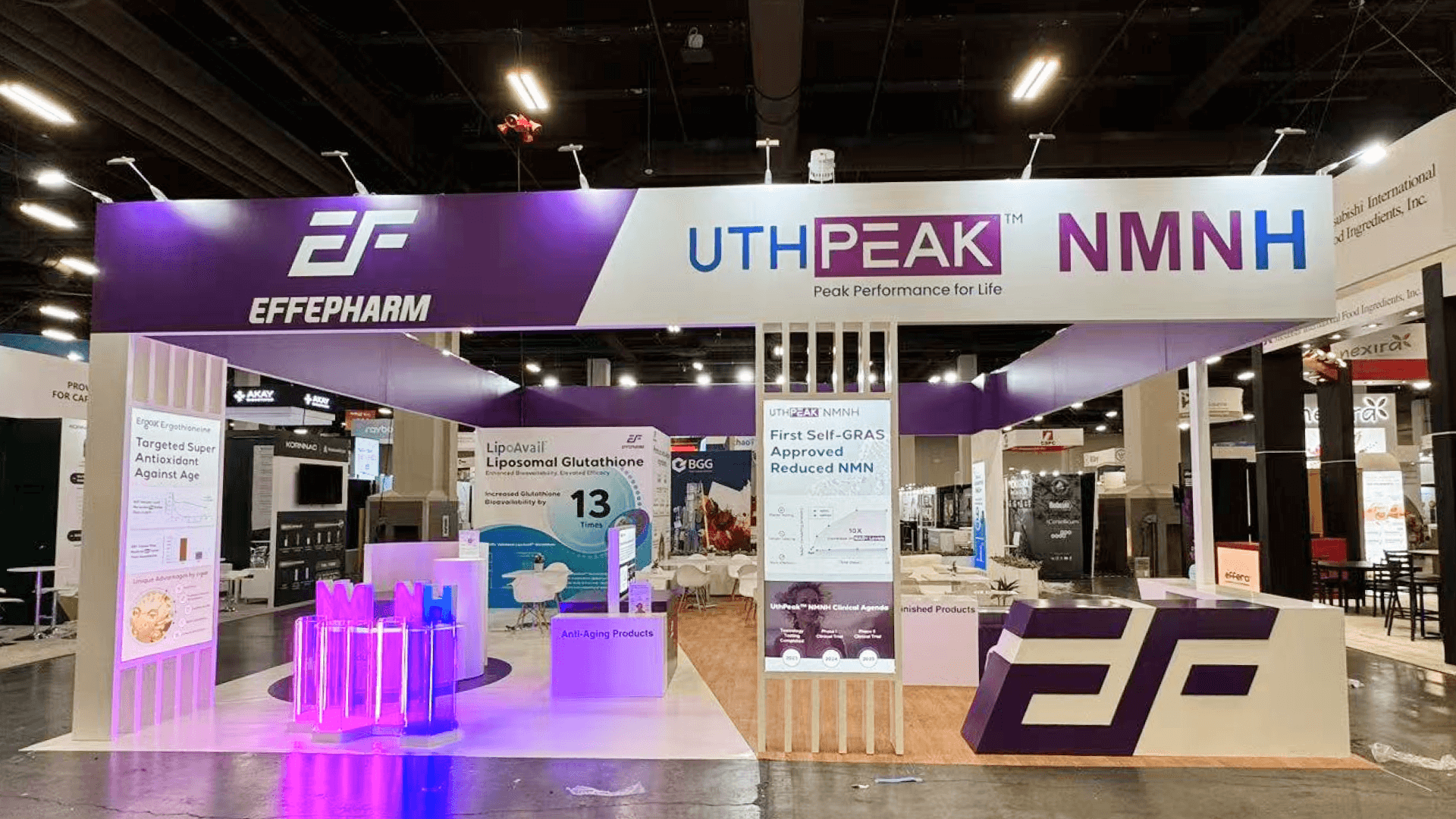 EF SupplySide West 2024 30x30 large island booth with product display zones, branded graphics, meeting areas, storage, and visitor flow at Mandalay Bay Convention Center
