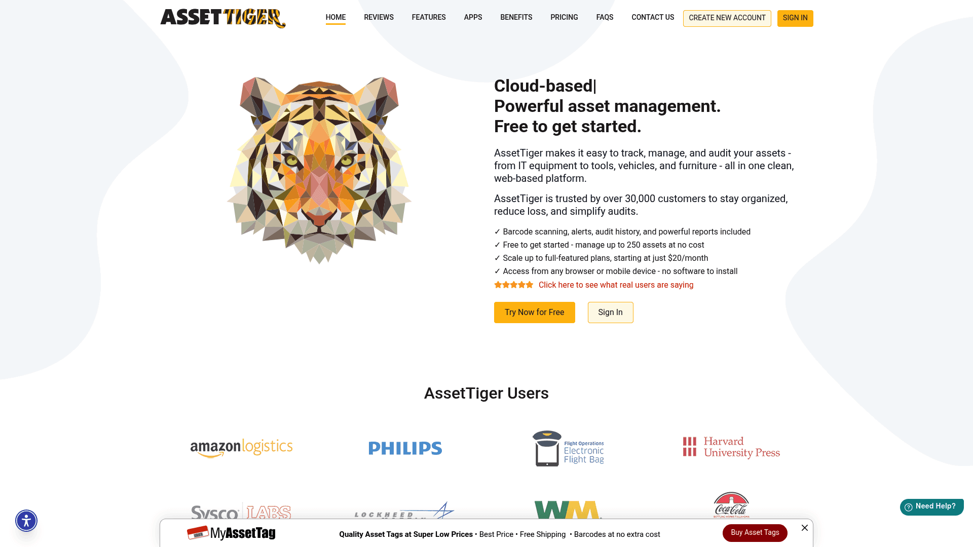 A screenshot of the Asset Tiger website homepage, an asset management tool.