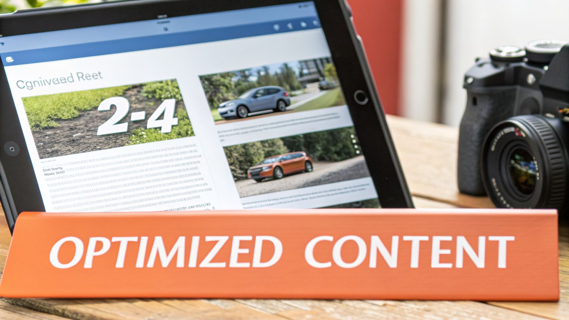 An orange sign reading 'OPTIMIZED CONTENT' stands in front of a tablet displaying articles and car images, alongside a camera.