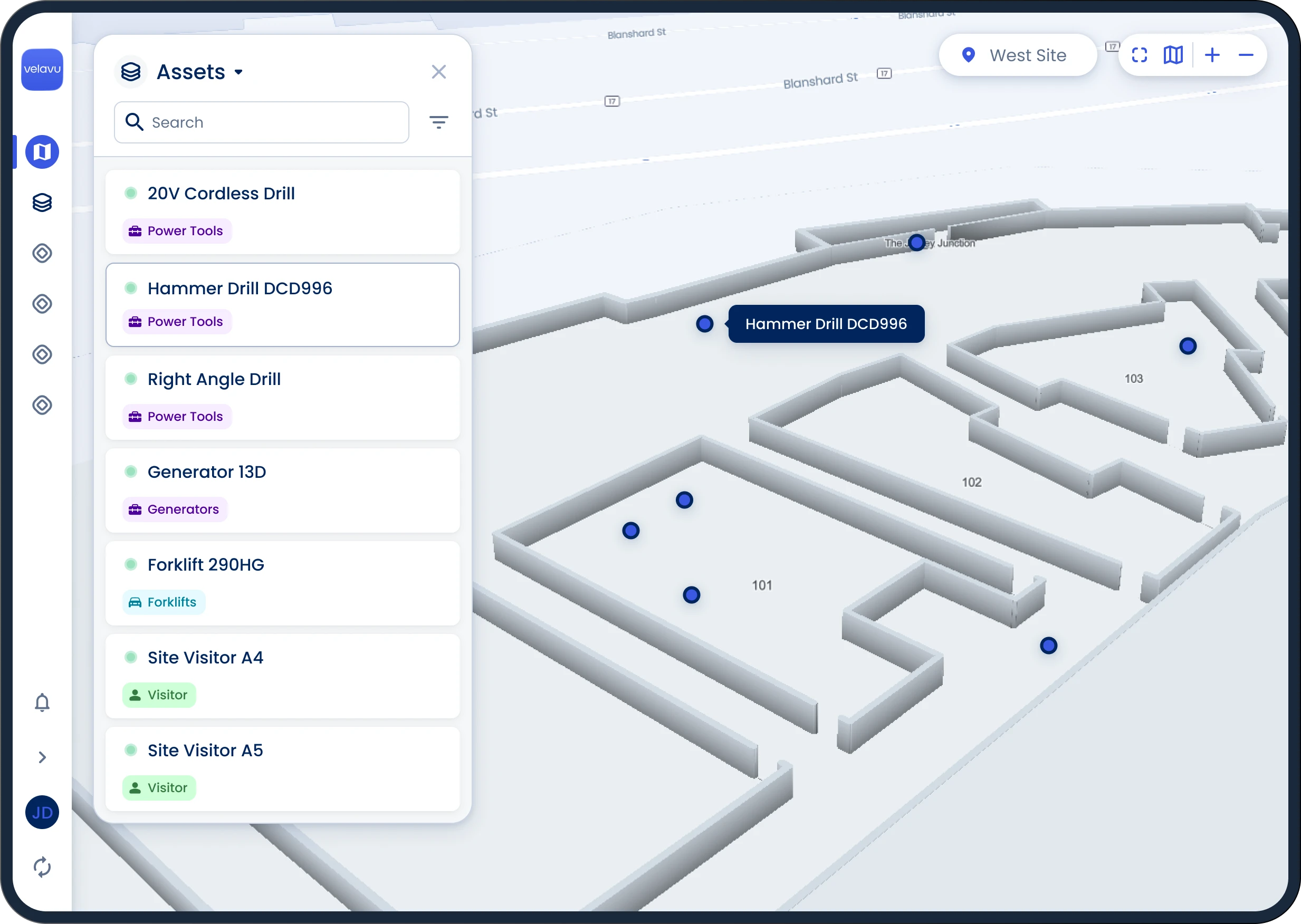 User interface showing asset location in a construction site