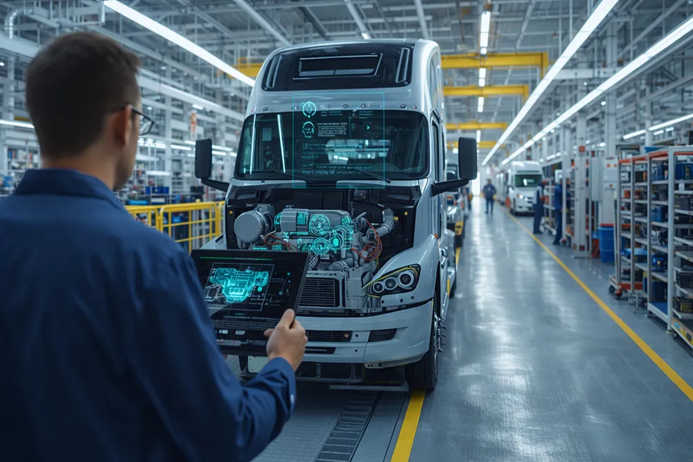 A man holds a tablet using AR software to scan a truck