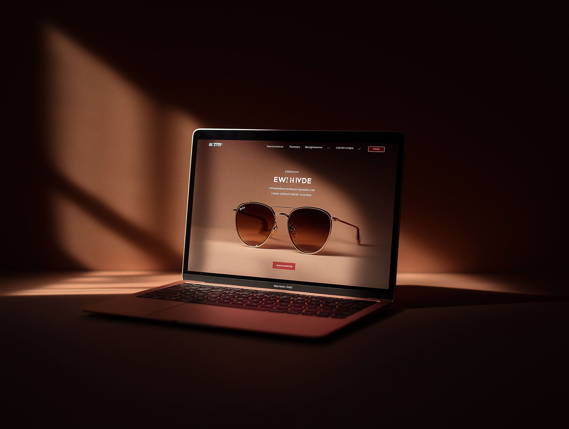 MacBook displaying sunglasses e-commerce page with physical sunglasses beside it in moody lighting