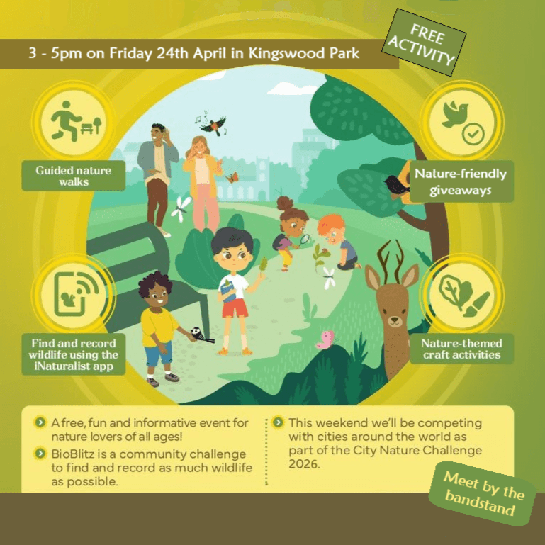 Bioblitz poster with cartoon people enjoying nature activities