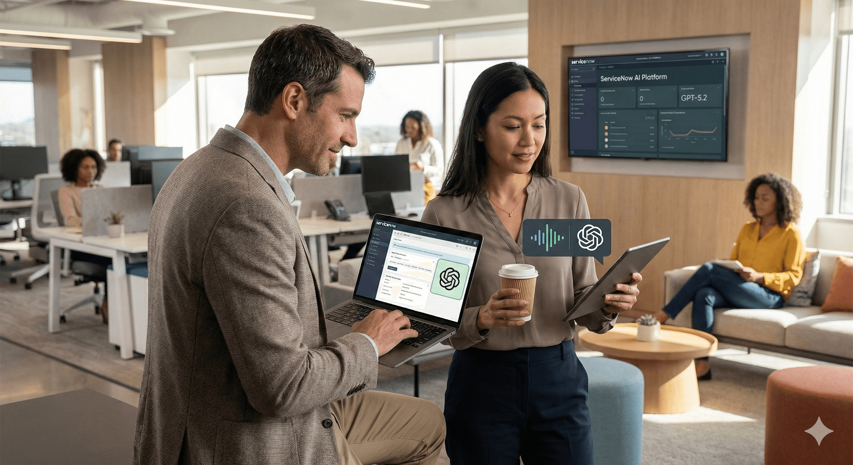 In a modern office setting, two professionals discuss technology solutions, with laptops showcasing OpenAI and ServiceNow interfaces visible, while colleagues work in the background.