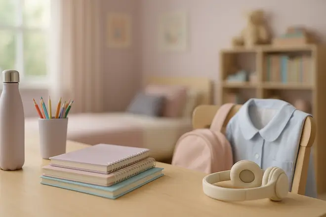 A pastel-toned child’s study desk with school supplies including a pink water bottle, stacked spiral notebooks, colored pencils, and cream over-ear headphones. A light blue school uniform and blush pink backpack hang on the chair, while the softly blurred background shows a cozy bedroom with bookshelves and a bed.