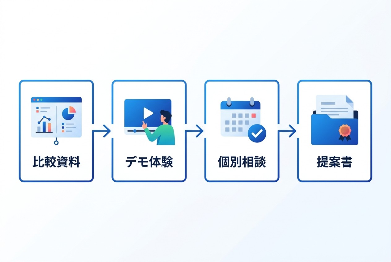 検討段階では段階的な情報提供で見込み客の不安を解消し、商談化につなげる。比較検討→体験→相談→提案の流れで成約率を高める。