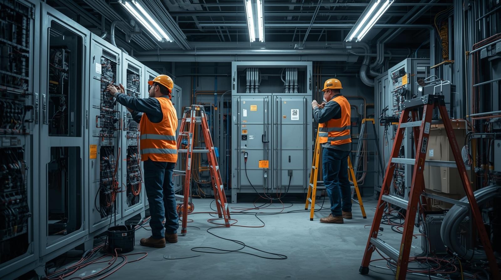 Electrical contractors on a job site using tracked tools and equipment.