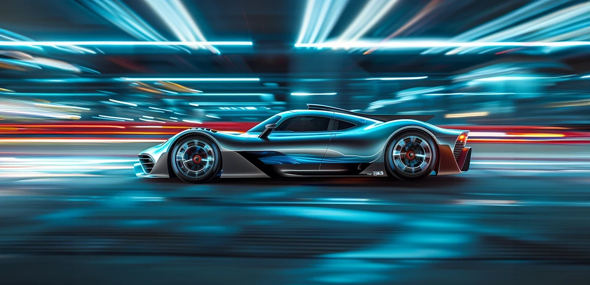 Futuristic silver sports car speeding through a neon-lit tunnel with motion blur and cyan light trails