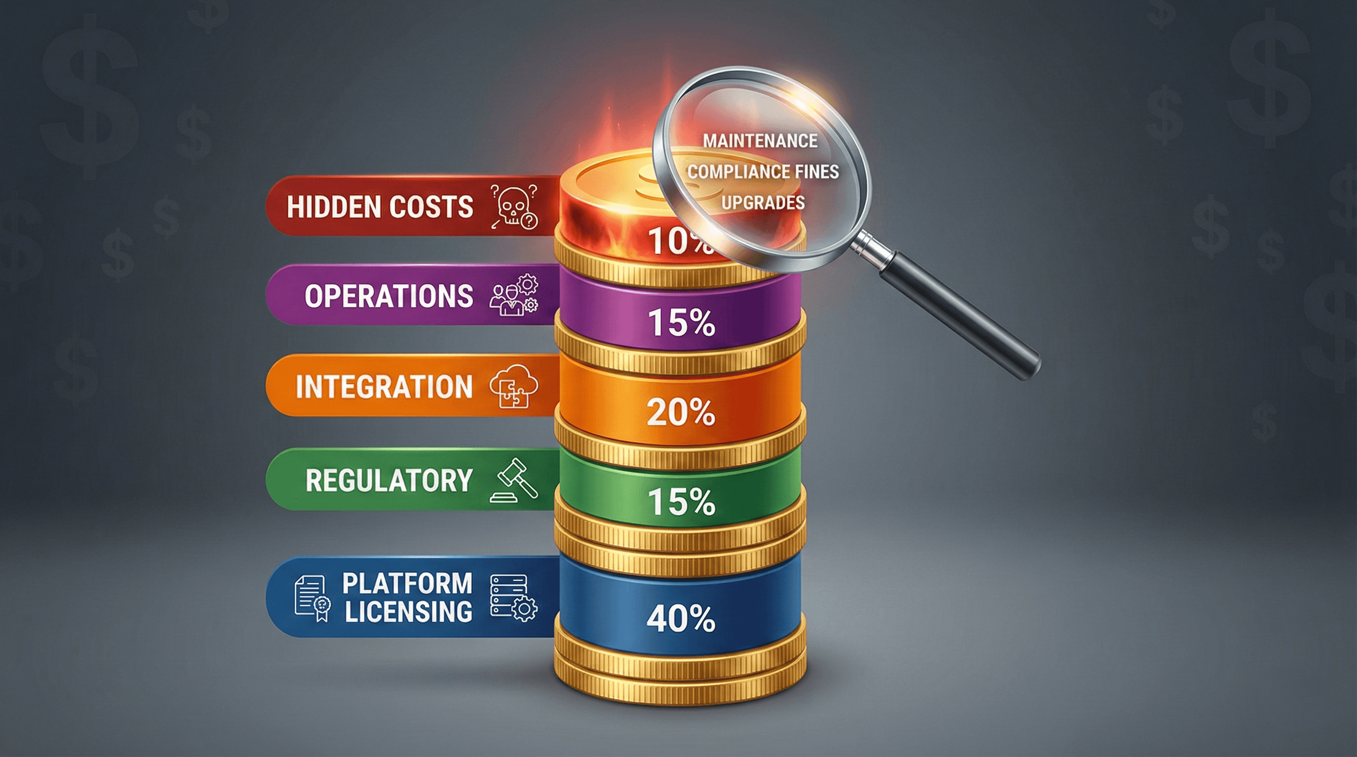 3D visualization of sports betting platform cost breakdown showing stacked cost categories with hidden fees highlighted