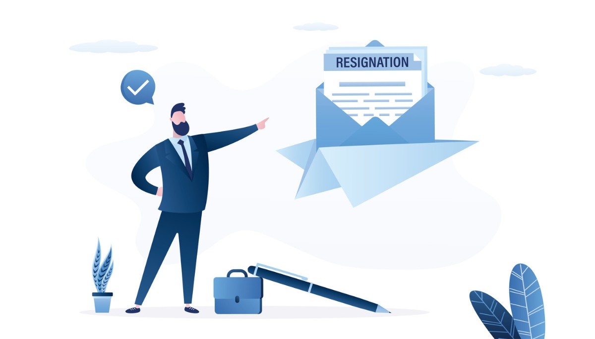 Illustration of a confident professional pointing to a resignation letter.