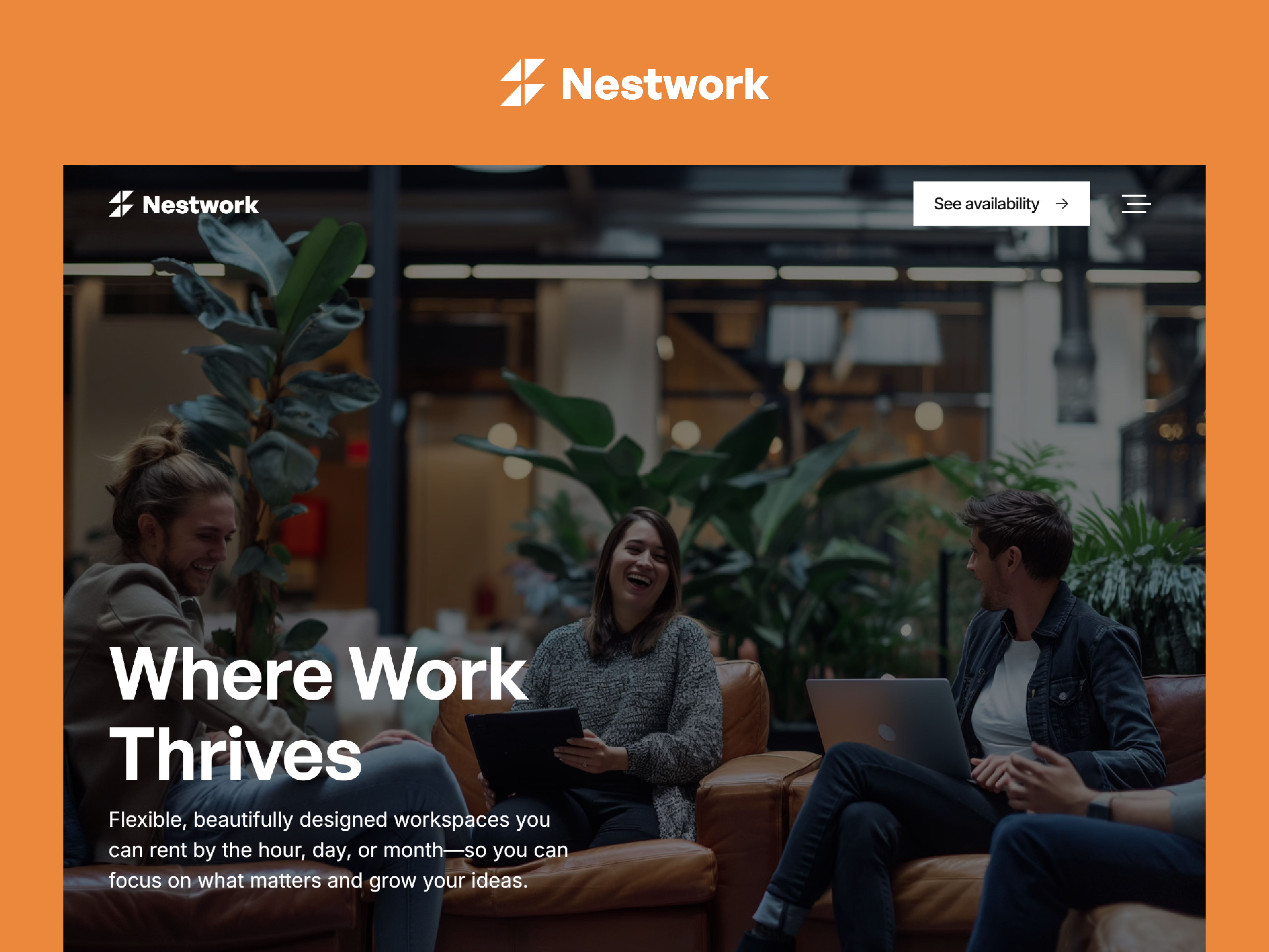 NestWork Framer template community section with the headline "Where Work Thrives" — featuring flexible workspace rental options by hour, day, or month