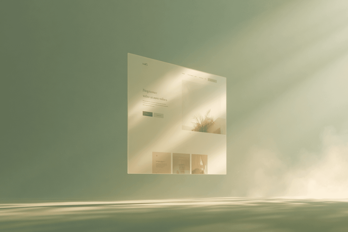 Landing page floating in a room tinted with a light green color