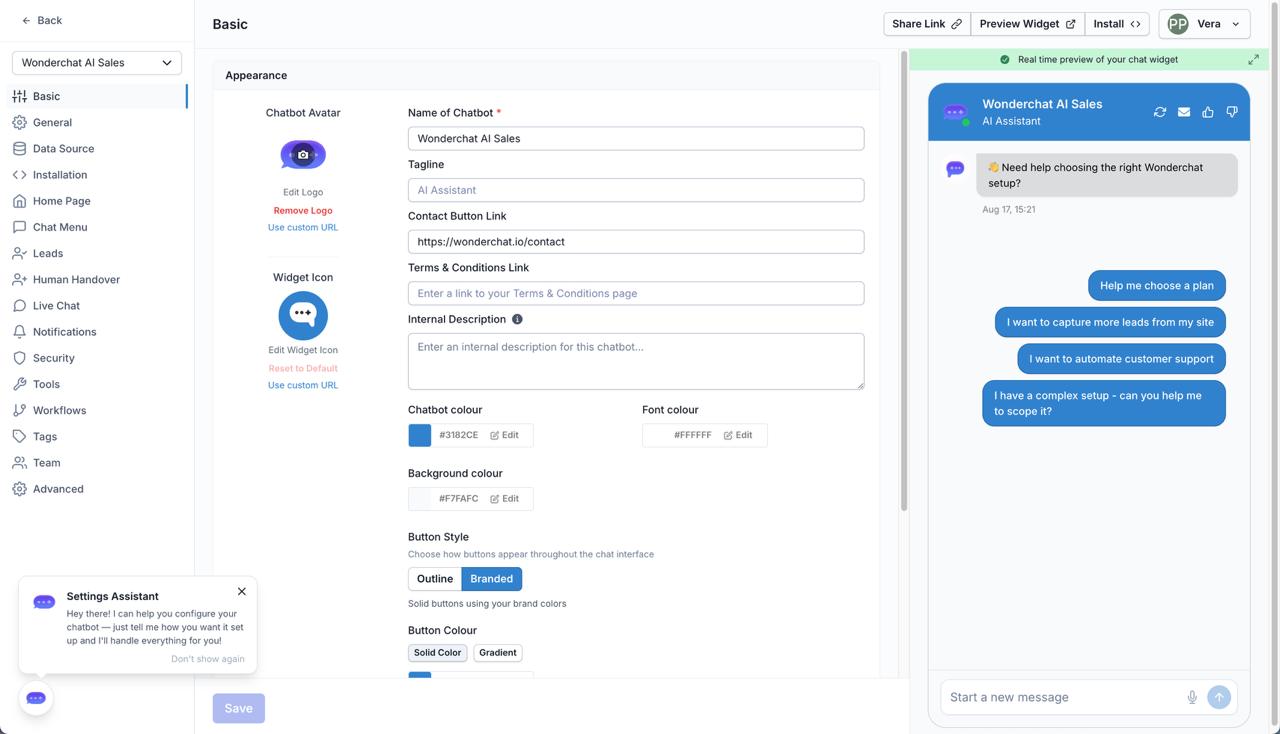 Wonderchat AI Agent Set-up screen.