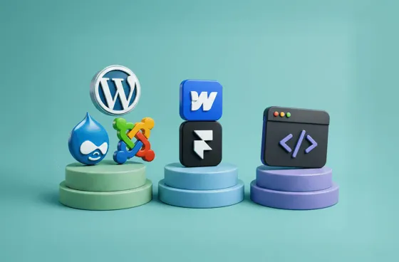 CMS, No-Code Page Builders, Custom Build illustration
