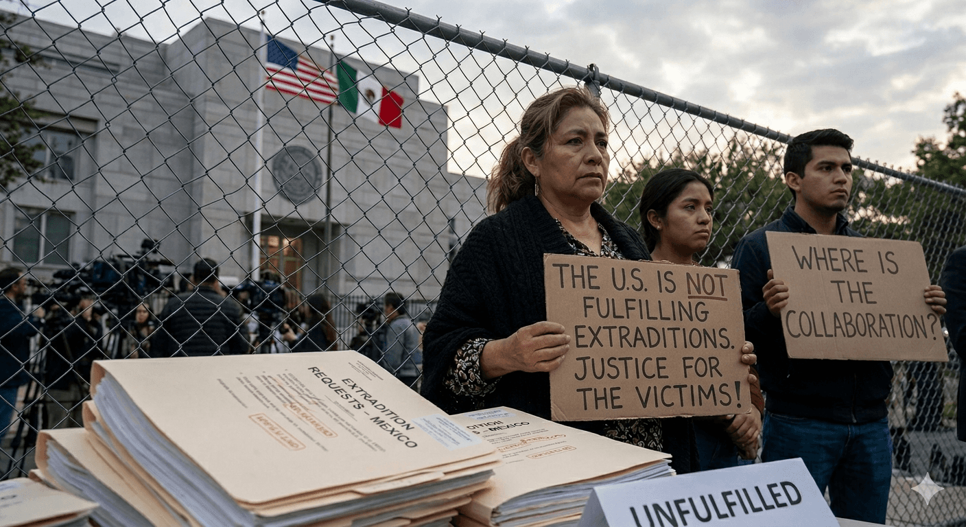 Protestors outside a government building hold signs demanding justice regarding unfulfilled Mexican extradition requests, with stacks of legal files piled in the foreground.