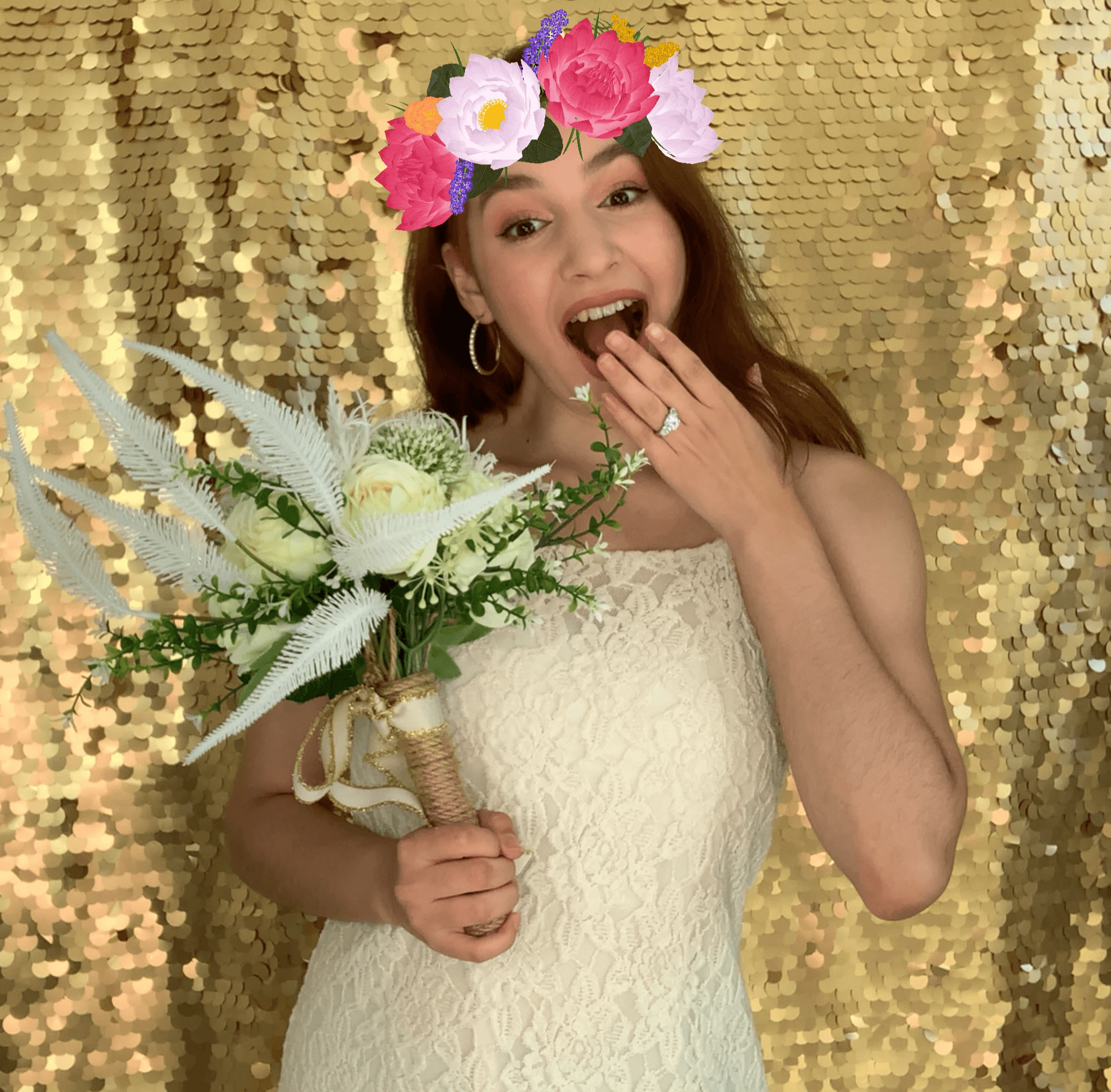 Guests using playful digital props in a photo booth portrait.