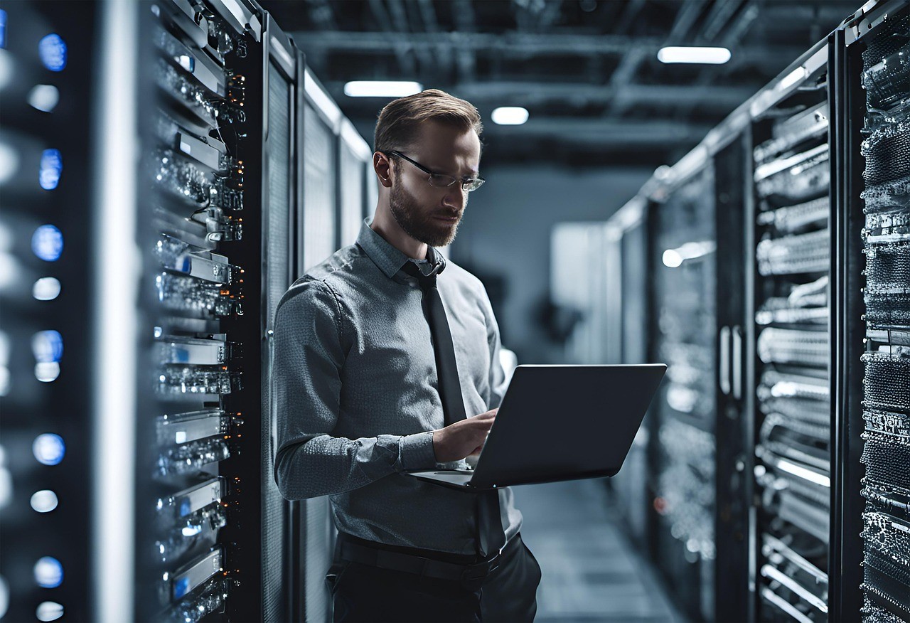 A man uses a laptop while standing in a datacentre