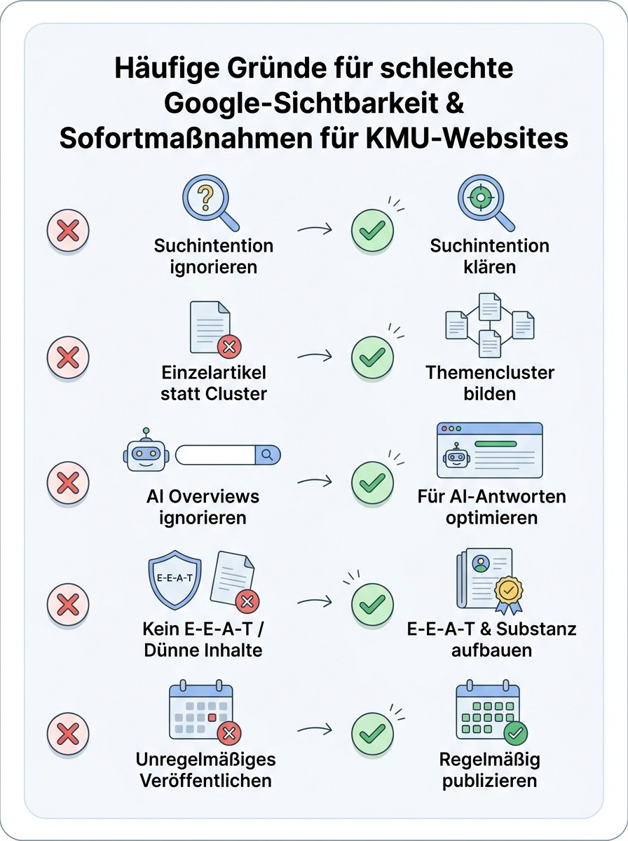 Checklisten-Visual: Häufige Gründe für schlechte Google-Sichtbarkeit und konkrete Sofortmaßnahmen für KMU-Websites