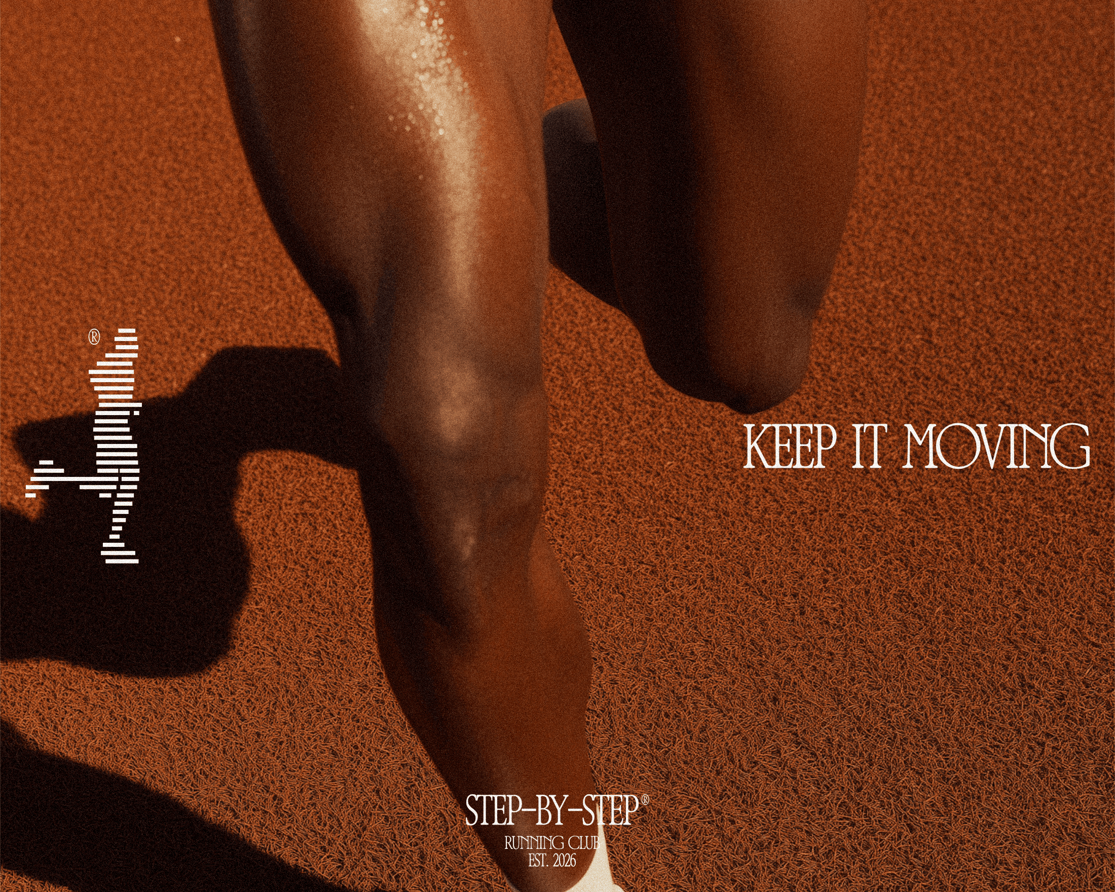 A closeup shot of a runner's legs with the Step-by-step logo and the words "KEEP IT MOVING" in the middle of the image.